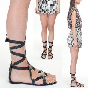 Black Genuine Lambskin Leather Flat Sandals Handmade